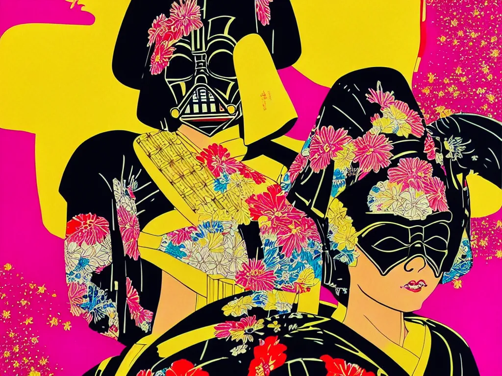 Prompt: hyperrealistic composition of the detailed woman in a japanese kimono sitting at a extremely detailed black jack table with golden darth vader, fireworks, mountain fuji on the background, pop - art style, jacky tsai style, andy warhol style, acrylic on canvas