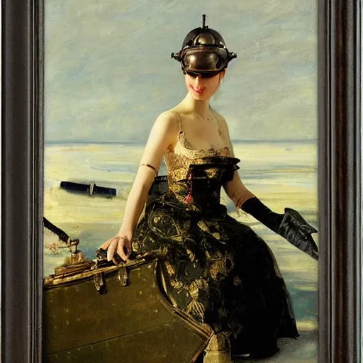 Image similar to model in a ballroom dress holding an antique diving helmet by the sea, by alfred stevens