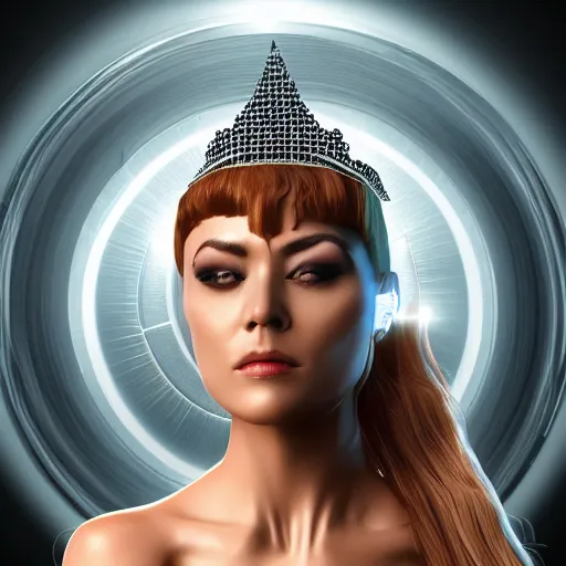 Image similar to portrait of a cyborg queen, photo realistic, 8k, hd, chrome typeface