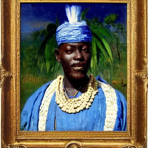 Prompt: royal portrait of king of dahomey outdoors dressed in airy blue and white benin toga and sandals, 1905, brightly coloured oil on canvas, by ilya repin