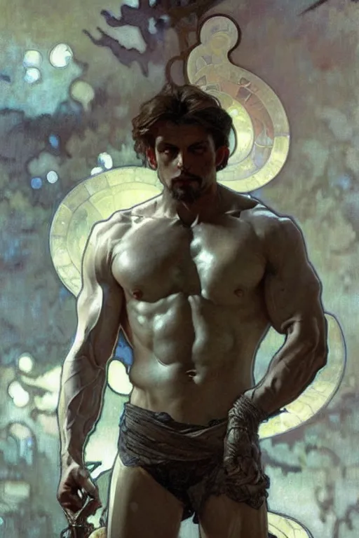 Image similar to A man wearing silver clothes, muscular, fantasy, painting by greg rutkowski and alphonse mucha