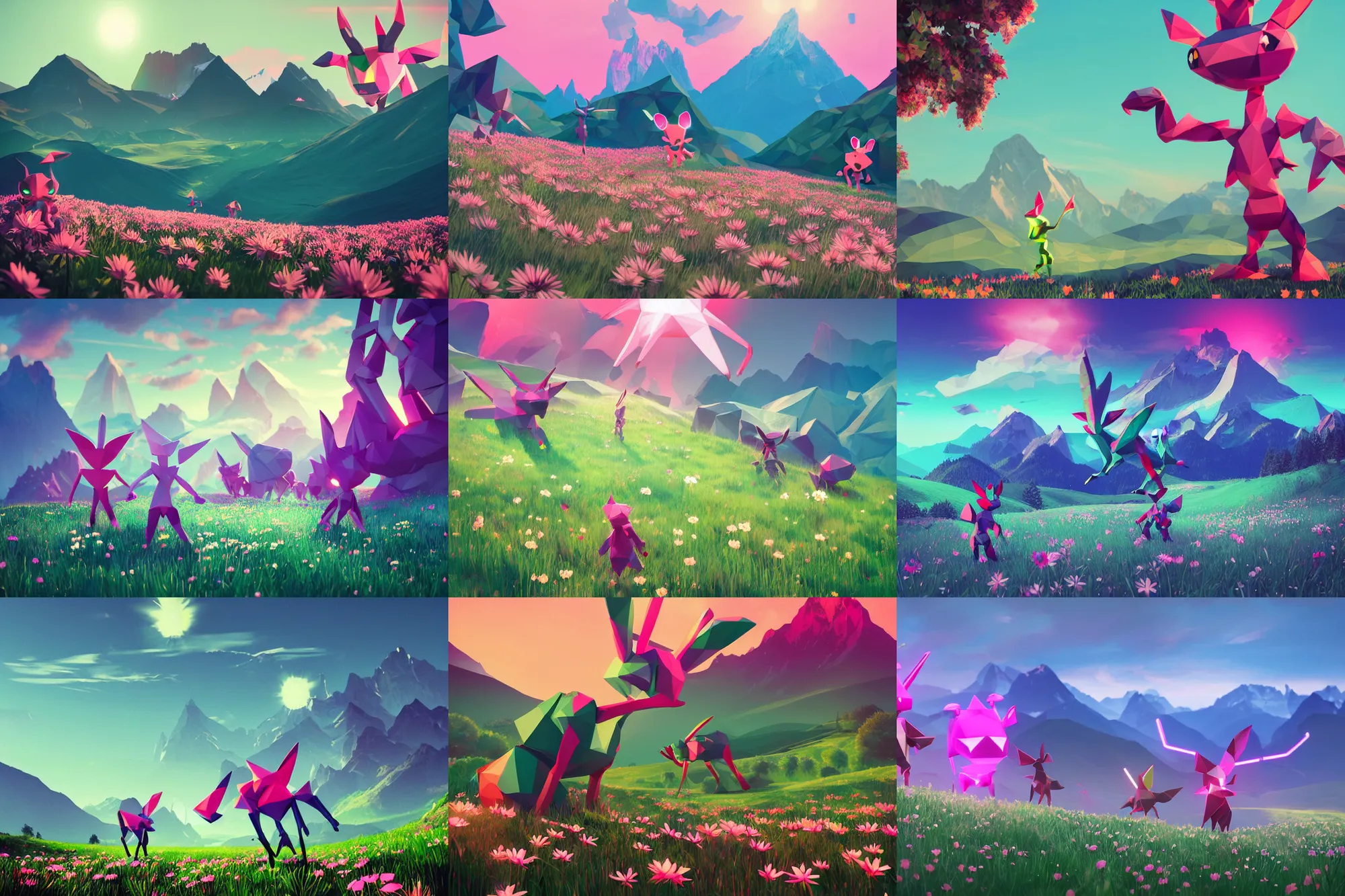 Prompt: lowpoly ps 1 playstation 1 9 9 9 glowing neon anthropomorphic behemoths lurantis standing in a field of daisies, swiss alps in the distance digital illustration by ruan jia on artstation