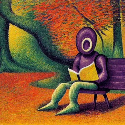 Prompt: A robot reading a book in a park, autumn, colorful, in the style of Umberto Boccioni