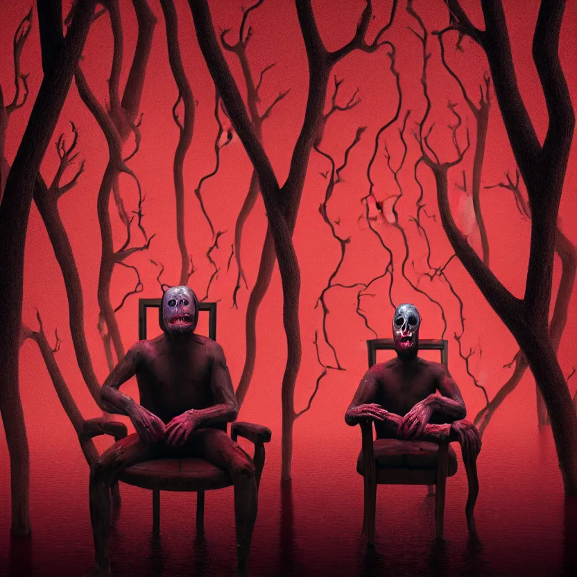 Image similar to a portrait of a man with five heads, twelve arms, sitting on chair made of human limbs, the chair is floating in a lake of blood, around the lake are melting trees, digital art, hyperrealistic nightmare scene, supernatural, highly detailed, creepy, terrifying