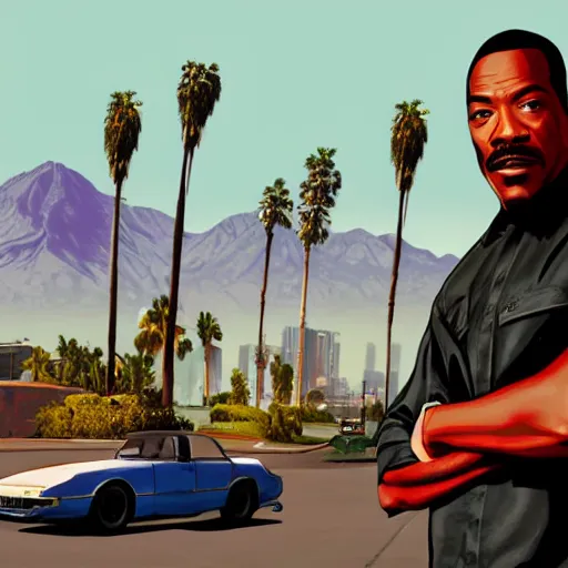 Image similar to Eddie Murphy in GTA V. Los Santos in the background, palm trees. In the art style of Stephen Bliss