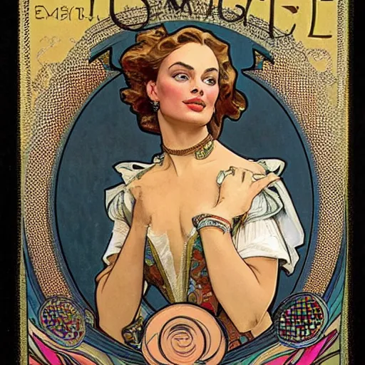 Prompt: margot robbie, extremely detailed, french noveau, alphonse mucha