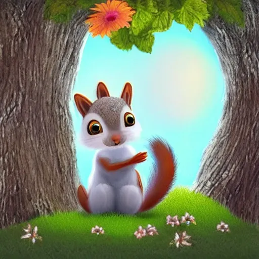 Image similar to cute furry squirrels dancing and cleaning moonlight and flowers