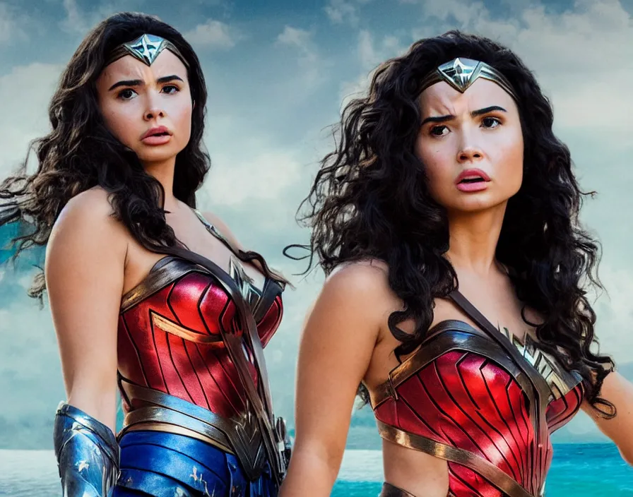 Image similar to movie still of demi rose wearing tube top from the movie wonder woman, directed by scott snyder, 4 k hd, oscar winning, high detail