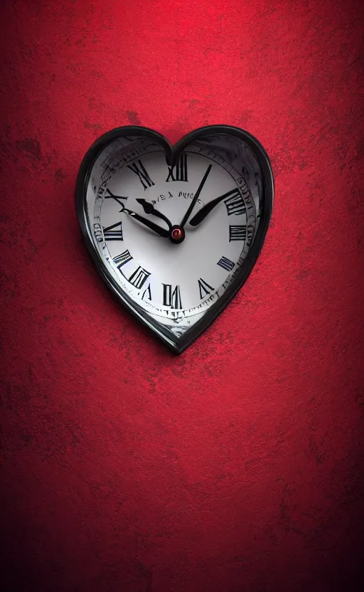 Image similar to a melting Roman numeral clock, behind a red and black gradient background, awith a black heart shaped on the top left corner and a black diamond card shape in the bottom right corner, dynamic lighting, photorealistic fantasy concept art, trending on art station, stunning visuals, cinematic, creative, ultra detailed