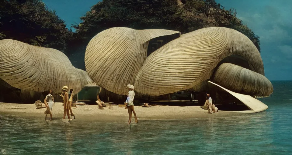 Prompt: a giant seashell house in the middle of nowhere, cinematography by syd mead, gregory crewdson