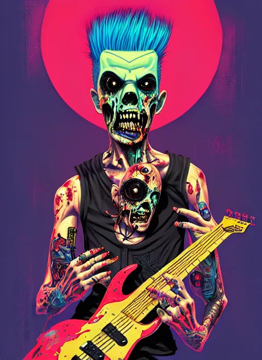 Image similar to a zombie punk rocker with a mohawk playing electric guitar, matty vogel, tristan eaton, victo ngai, artgerm, rhads, ross draws