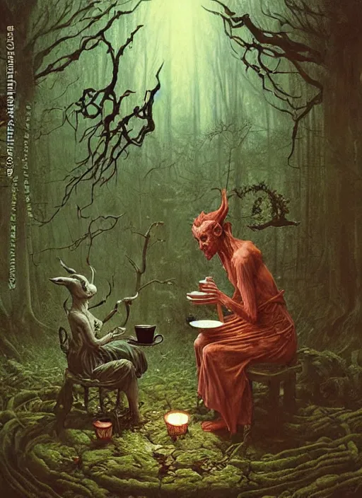 Image similar to witch having tea at a shrine in the woods gorgeous lighting, lush forest foliage a hyper realistic painting by chiara bautista and beksinski and norman rockwell and greg rutkowski weta studio, and lucasfilm