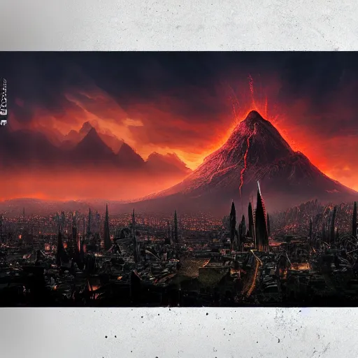 Image similar to mordor as a city, highly detailed, sharp focus, skyline, vast, gothic, lord of the rings, mount doom, 4 k, fantasy