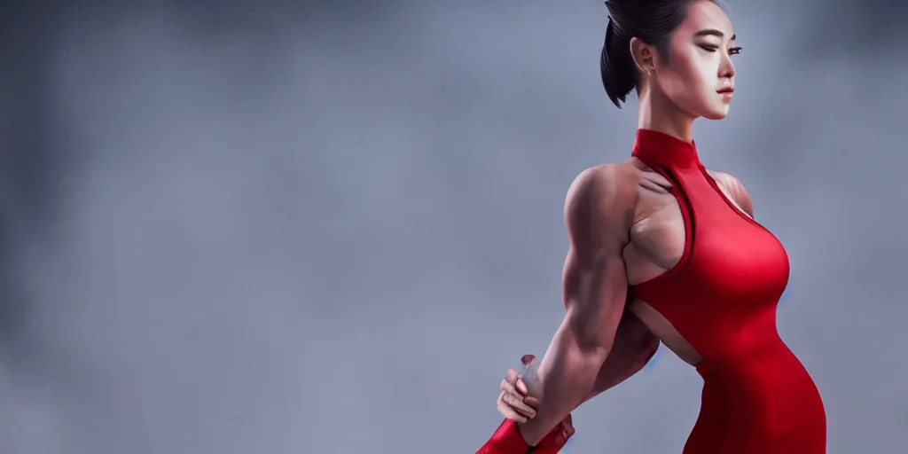 Prompt: beautiful muscular fitness model wearing qipao dress, atmospheric, in the style of Ilya Kuvshinov
