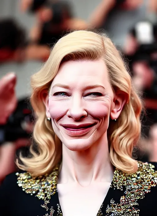Image similar to beautiful stunning glorious high definition photograph of happy cate blanchett wearing a catsuit intricate, elegant, highly detailed, smooth, sharp focus,