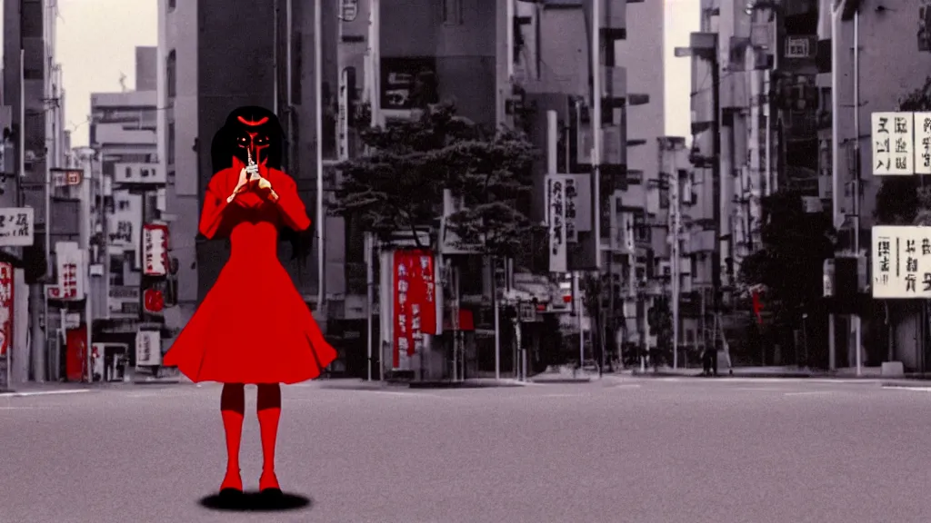 Image similar to a woman in a red dress wearing a red demon mask standing alone on an empty street in downtown Tokyo with a gun, film still from the an anime directed by Katsuhiro Otomo with art direction by Salvador Dalí, wide lens