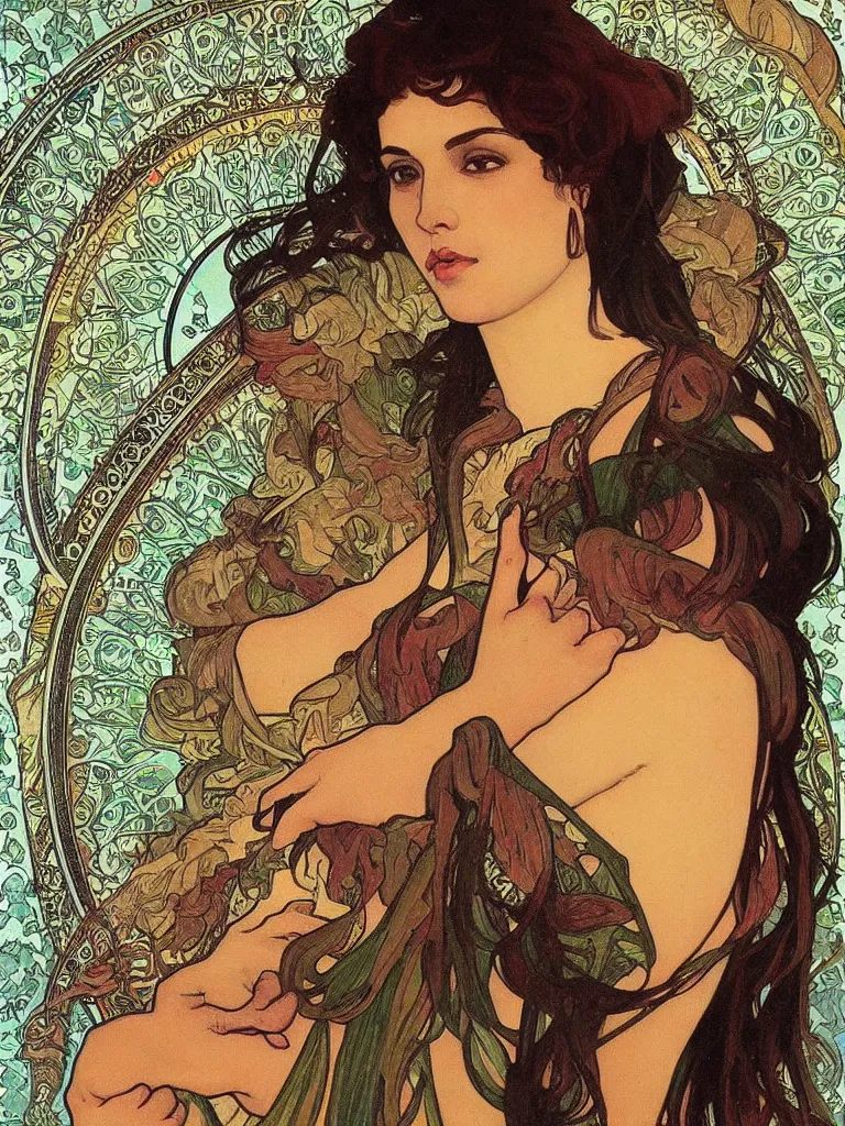 Image similar to “ portrait of monica belucci from the movie malena, artwork by alphonse mucha ”