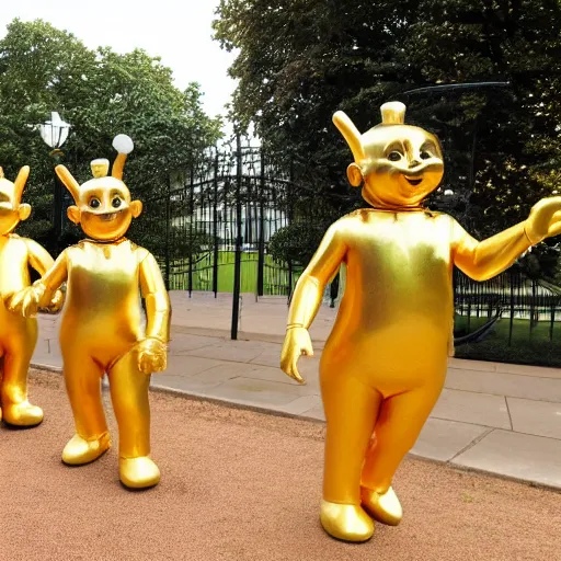 Image similar to gold statues for the teletubbies outside buckingham palace