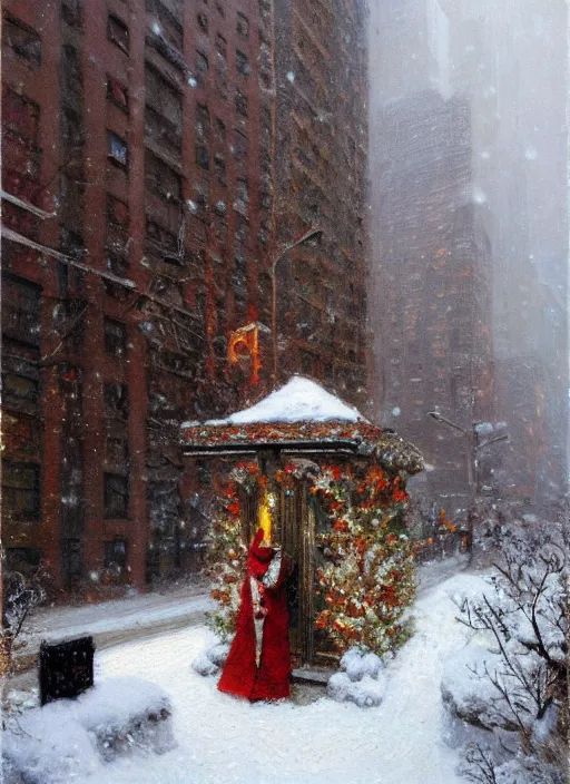 Image similar to new york apartment building in winter, wreath on door, snow, artwork by gaston bussiere, craig mullins, trending on artstation