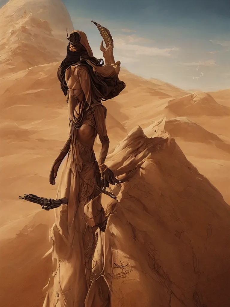 Image similar to a stunning hyperrealistic character from the movie Dune walking through an arid minimalistic desert with harsh noon sunlight with an oasis in the background, award-winning, masterpiece, in the style of Tom Bagshaw, Cedric Peyravernay, Peter Mohrbacher