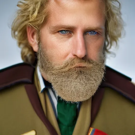 Image similar to close up of face of average looking 5 0 year old blond man with a blond beard and blond mutton chops, short wavy blond hair, green eyes, 1 8 0 0 s soldier, portrait, 4 k