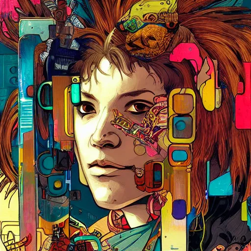 Prompt: cyberpunk lion implants cyborg portrait illustration, pop art, splash painting, art by geof darrow, ashley wood, alphonse mucha, makoto shinkai