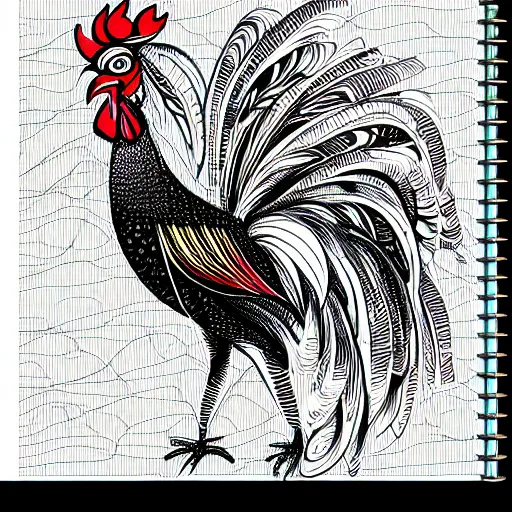 Prompt: architectural sketch of a rooster, infographic, vibrant, detailed, notebook,