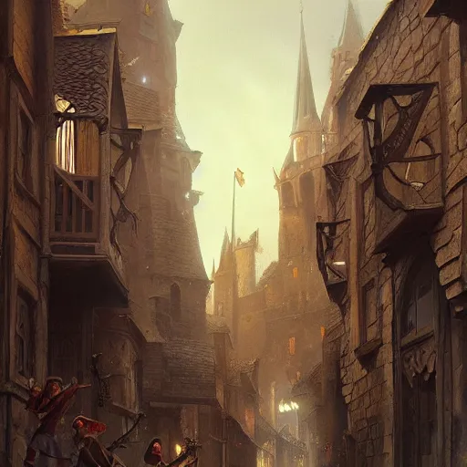 Image similar to streets of a medieval town, street leading to a fantasy castle, dramatic lighting, city background, chiaroscuro, high detail, painted by greg rutkowski, painted by igor kieryluk, painted by bobby chiu, trending on artstation