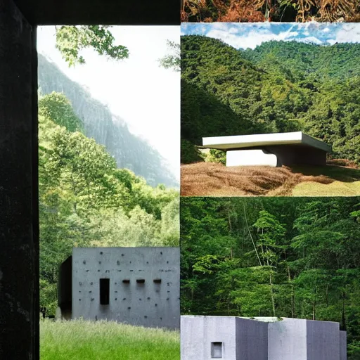 Image similar to lush and beautiful green mountain landscape, with a brutalist futuristic building, architecture, unpainted concrete, by aalto alvar, by ando tadao, by chipperfield david, frank lloyd wright, by peter zumthor