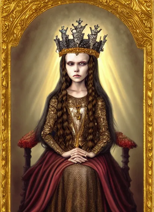 Image similar to highly detailed closeup portrait of a goth medieval queen wearing a crown and sitting on a throne, nicoletta ceccoli, mark ryden, earl norem, lostfish, global illumination, god rays, detailed and intricate environment