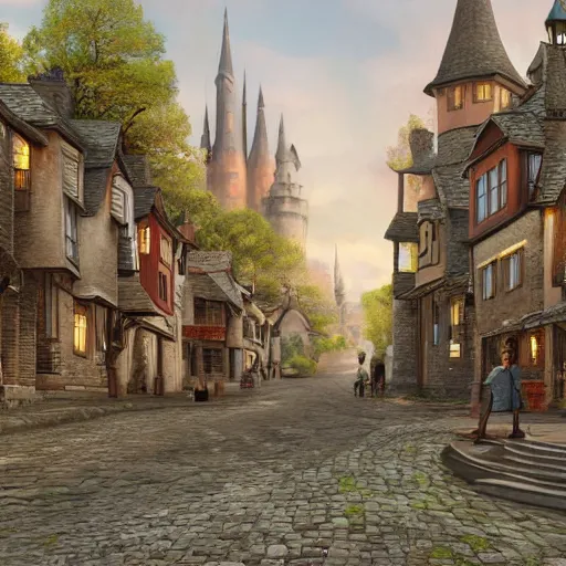 Image similar to elegant fantasy capital city, in the foreground sprawling houses and shops lining the crowded streets. in the background is a large stone castle with several tall spires. view from the ground looking from a street towards the castle. realistic, highly detailed painting concept art style 4 k