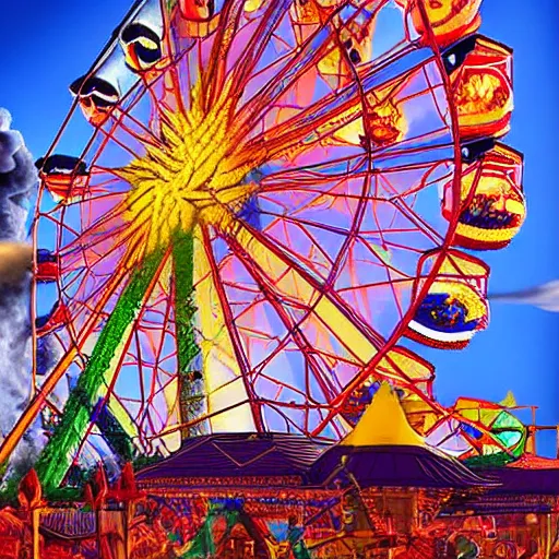 Image similar to a theme park in pre historic earth, erupting volcano, ferris wheel, lights, carnival, digital art by colby bryant
