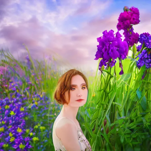 Prompt: a photo art of a romantic woman with flowers grow out of hair, roses peonies forget-me-nots dahlias lupins gladioli, sky theme in background, 35mm Photograph, 4K Resolution, Astrophotography, Digital Art, Trending on artstation
