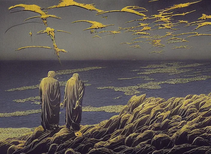 Prompt: worshippers in robes belonging to the cult of the lighthouse standing in waves with ravens flying overhead, a lighthouse, ravens, high detailed beksinski painting, part by adrian ghenie and gerhard richter. art by takato yamamoto and gerald scarfe. masterpiece, dark and moody, deep colours, blue - h 8 9 6