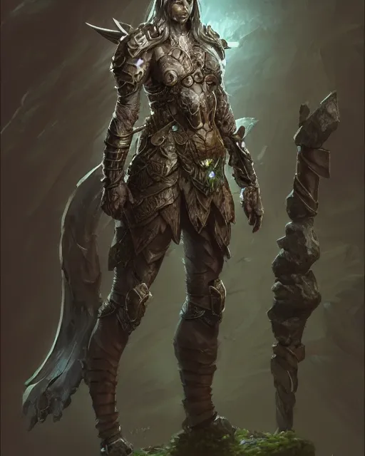 Image similar to concept art of a ancient stone warrior, tight revealing moss armor, stone, rocks | | epic - fine - fine details by stanley artgerm lau, wlop, rossdraws, and sakimichan, trending on artstation, brush strokes
