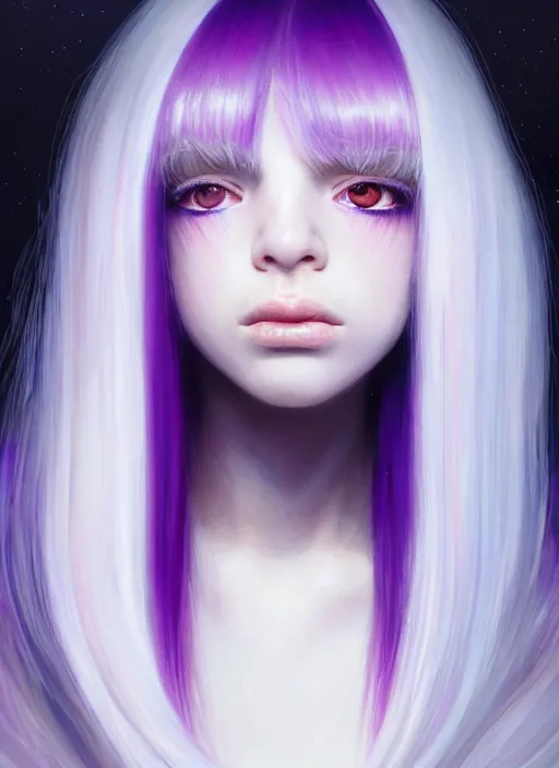 Image similar to hair whitebangs hair, black hair, whitebangs, portrait of teenage girl with white bangs, red irises, purple clothes, white bangs, bangs are different color from hair, intricate, elegant, glowing lights, highly detailed, digital painting, artstation, concept art, smooth, sharp focus, illustration, art by wlop, mars ravelo and greg rutkowski