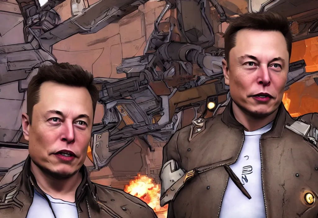 Image similar to elon musk in borderlands elon musk in the video game borderlands, gameplay screenshot, close up, 3 d rendering. unreal engine. amazing likeness. very detailed.