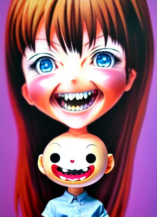 Image similar to a hyperrealistic oil panting of a kawaii anime girl figurine caricature with a big dumb grin featured on nickelodeon by dave mckean