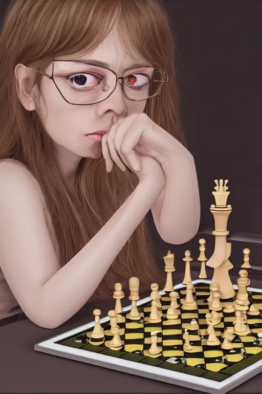 Prompt: recursive image with a girl playing chess, large eyes, her long hair flowing, detailed hands, detailed fingers, anatomically correct, oil pastels and gold, in the style of katsuhiro otomo, modeled in poser, redshift render, uhd