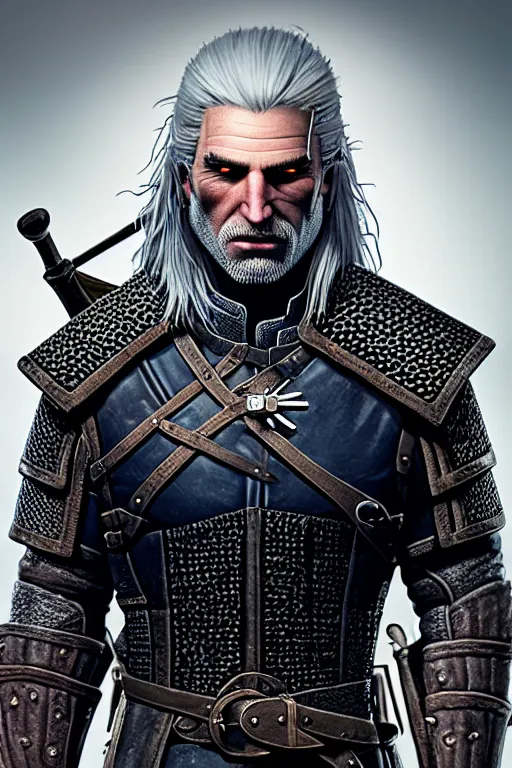 Image similar to portrait of geralt of rivia, 5 5 mm lens, professional photograph, times magazine, serious, stern look, zoomed out