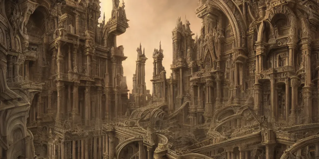 Image similar to sci - fi concrete baroque rococo gothic architecture in hell, babylonian, ziggurat, zaha hadid, beksinski, wayne barlowe, oil painting, photoreal, highly detailed, 8 k, hd, vray, artstation, cinematic matte painting, extreme detail photo quality, sunset, featured on behance