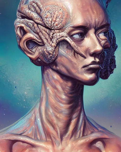 Prompt: an extremely detailed masterpiece head and shoulder portrait of a pleiadean extraterrestrial, in the style of ryan hewett, biometric, detailed, elegant, intricate, trending on artstation, 4 k