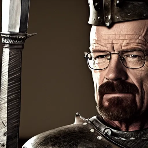 Prompt: walter white dresses like a knight from game of thrones, holding a sword, cinematic, highly - detailed, 8 k, hbo, game of thrones, realistic