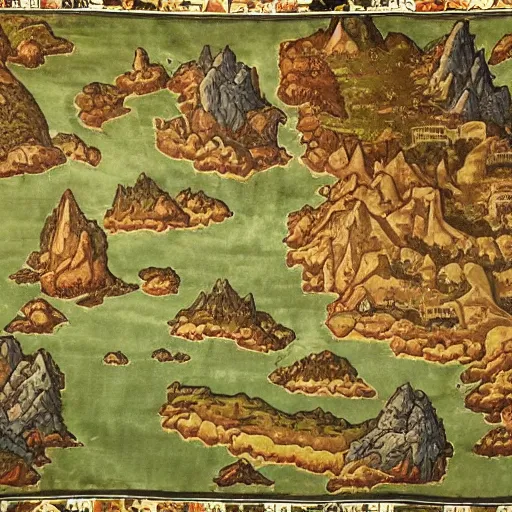 Prompt: fantasy RPG map with islands, forests, mountains and some tall towers and castles. Lush green continents, desert lands, and some frozen regions. Ships and sea monsters are depicted in the seas. Medieval Romanesque frescoes tapestry style.