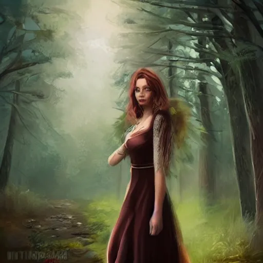 Image similar to nordic beautiful woman in a dress in the forest, trending on artstation, masterpiece