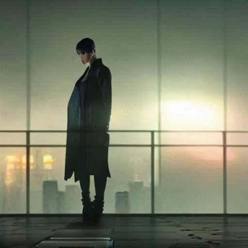 Image similar to joi from blade runner 2 0 4 9 as a giant translucent hologram, leaning forward to look at a regular sized person on a bridge, neo noire