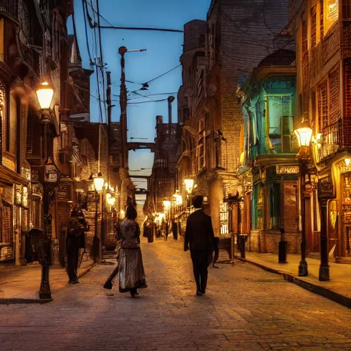 Image similar to a street level photo of a steampunk victorian city street, with people walking on the streets, at night, 4k, canon 5D