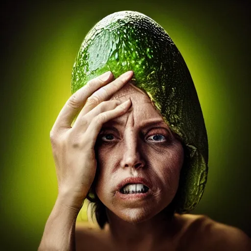 Prompt: Award Winning Highly Detailed Portrait Photo by Lee Jeffries of beautiful woman dressed as an avocado, with hyper-defined features, wide-angle long shot