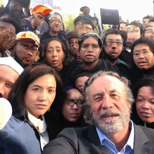 Image similar to a selfie of the president with a group of hobo supporters. symmetry, awesome exposition, very detailed, highly accurate, professional lighting diffracted lightrays, 8 k, sense of awe