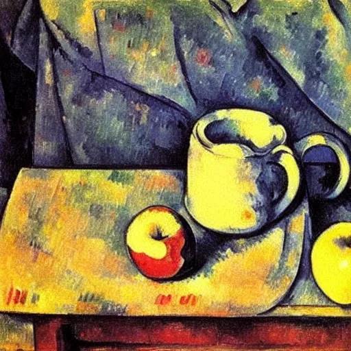 Prompt: Still life of an apple and mug of coffee on school desk, Paul Cezanne
